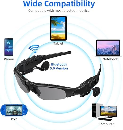 Wireless Bluetooth audio sunglasses with polarized lenses, built-in speakers, and hands-free calling for outdoor activities