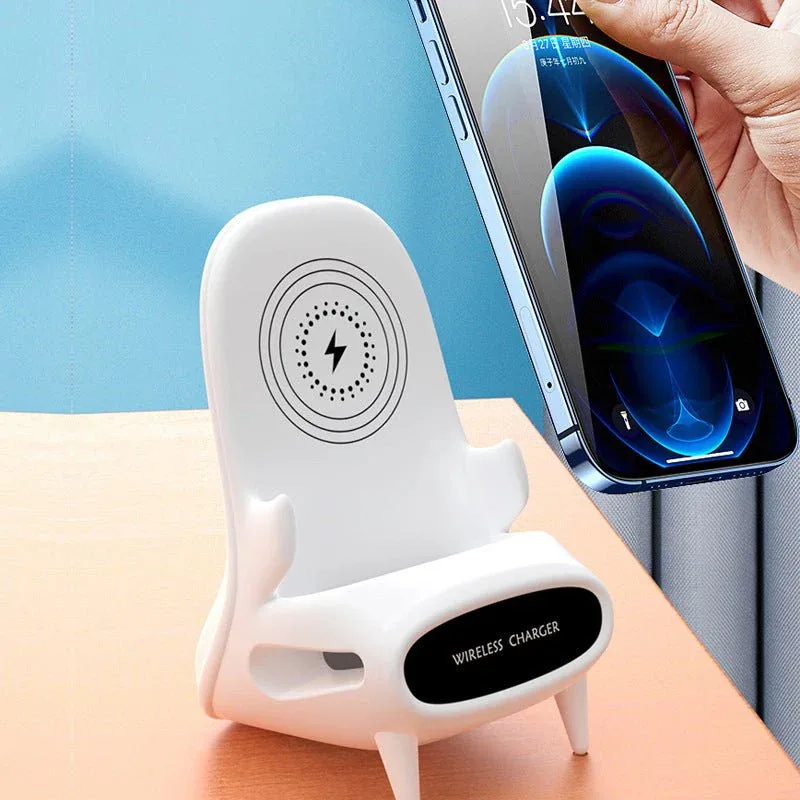 Mini Chair 15W wireless charger and phone stand in white for iPhone and Android smartphones. — image 2