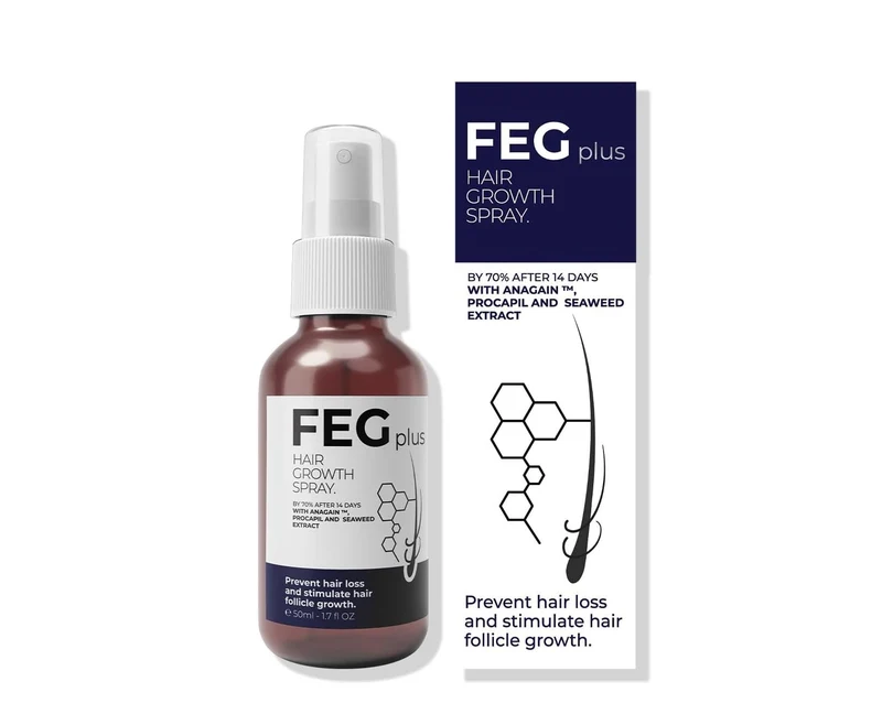 FEG Plus Hair Growth Spray 50ml for scalp care and healthier-looking, fuller hair.