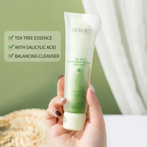 DR. RASHEL Tea Tree Face Wash double tube with Salicylic Acid for anti-acne and oil control skincare.