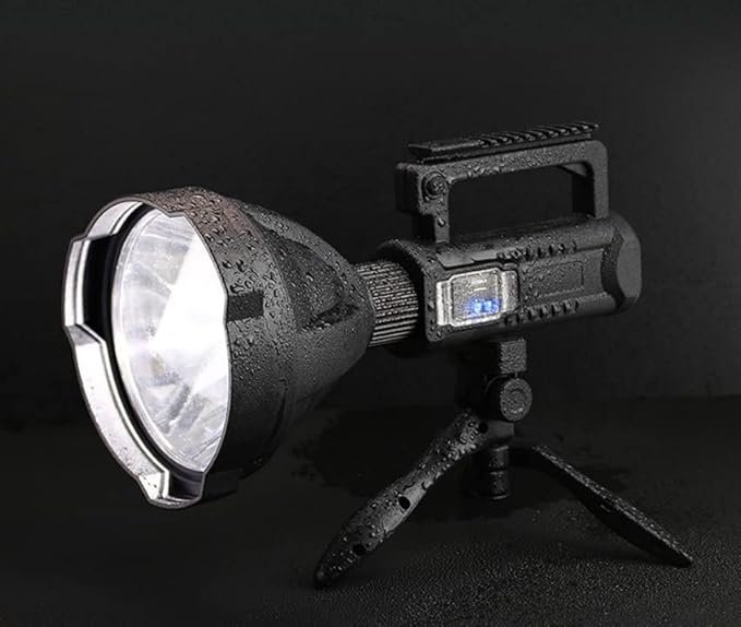 Portable rechargeable LED flashlight with IPX6 water-resistant design for camping, hiking, fishing, and emergency use