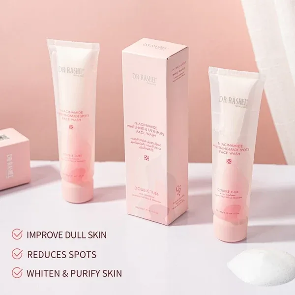 DR. RASHEL Niacinamide Whitening Face Wash double tube with Glutathione for cleansing and brightening skincare.