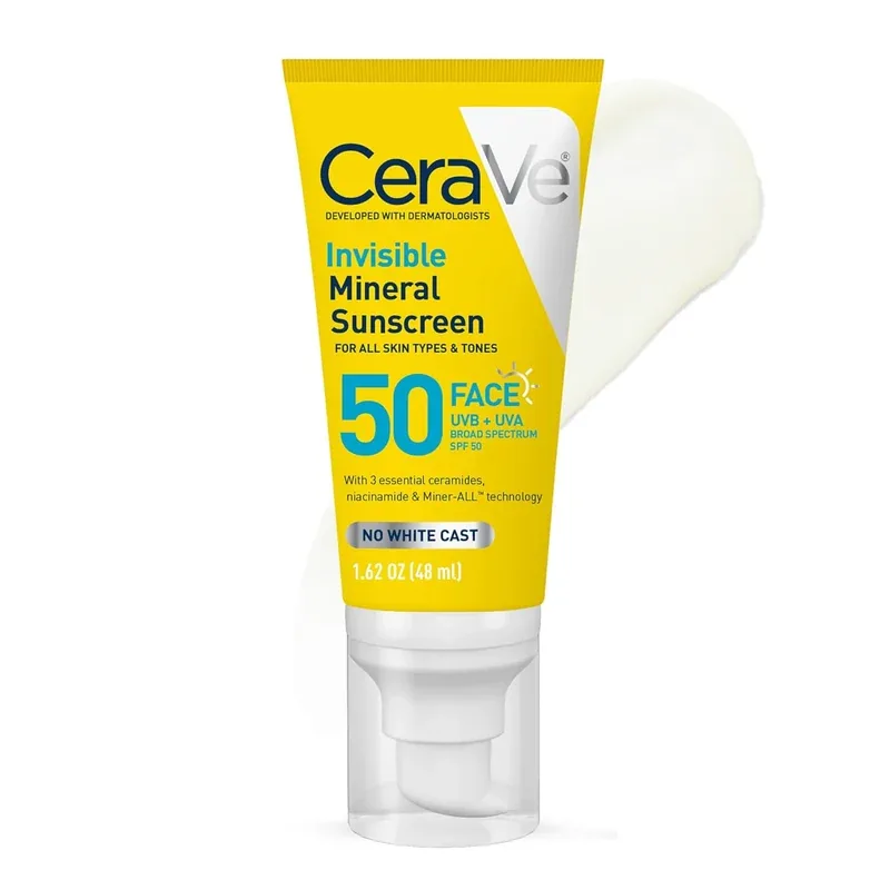 CeraVe Invisible Mineral Sunscreen SPF 50 face sunscreen with ceramides and niacinamide for UVA UVB protection.