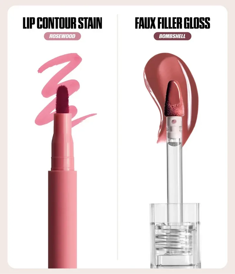 Huda Beauty Makeout Sesh Lip Duo with Rosewood Lip Contour Stain and Bombshell Faux Filler Extra Shine Lip Gloss. — image 4