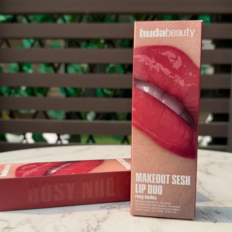Huda Beauty Makeout Sesh Lip Duo with Rosewood Lip Contour Stain and Bombshell Faux Filler Extra Shine Lip Gloss. — image 3