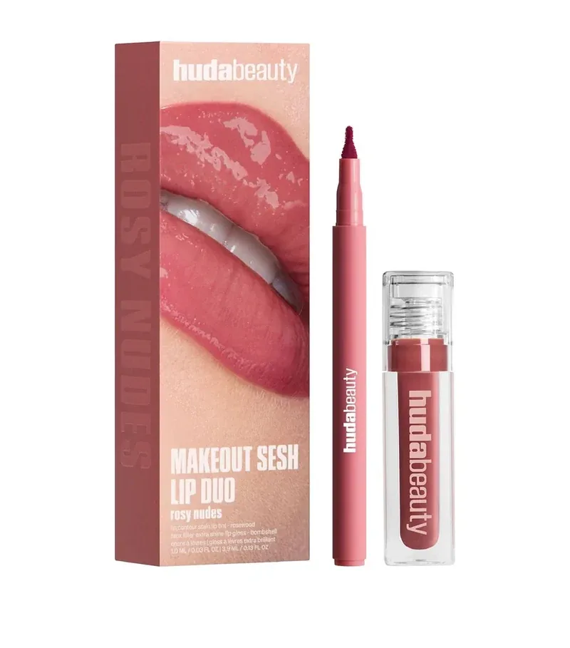 Huda Beauty Makeout Sesh Lip Duo with Rosewood Lip Contour Stain and Bombshell Faux Filler Extra Shine Lip Gloss.