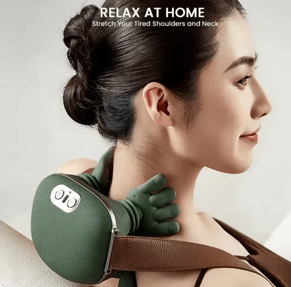 USB rechargeable shoulder and neck massager with dual kneading massage for muscle relaxation.